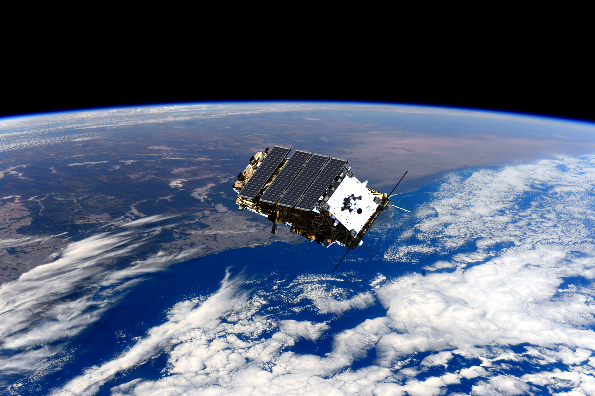 Computer generated image of the Earth observation satellite NovaSAR-1 in orbit. Credit: Surrey Satellite Technology.